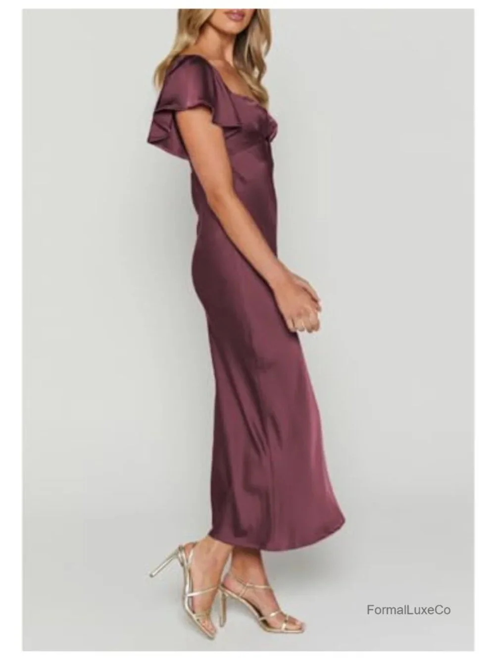 Satin Midi Dress Flutter Sleeve Sweetheart Cutout Ruched Open Back Wedding Guest